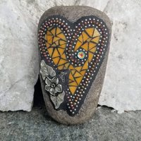 Orange Heart Garden Stone, Mosaic, Garden Decor Paperweight