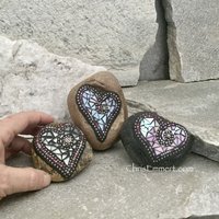 Iridescent White Garden Stone/Paperweights #5 Group Mosaic Heart, Mosaic Rock, Mosaic Garden Stone, Home Decor, Gardening, Gardening Gift,