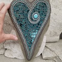 Mirrored Aquamarine Mosaic Heart,  Mosaic Garden Stone. Gardener Gift