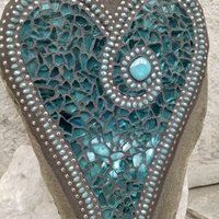 Mirrored Aquamarine Mosaic Heart,  Mosaic Garden Stone. Gardener Gift