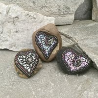 Iridescent White Garden Stone/Paperweights #5 Group Mosaic Heart, Mosaic Rock, Mosaic Garden Stone, Home Decor, Gardening, Gardening Gift,