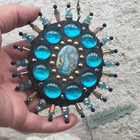 Oval Gemstone Garden Mosaic, Wind Spinner, Blue Rays, Home Decor, Garden Decor, Gardening Gift