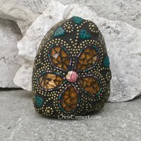 Amber/Gold Mosaic Flower, Garden Stone, Garden Decor, Home Decor, Gardener Gift