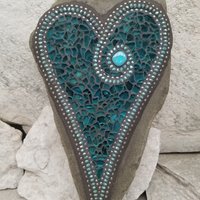 Mirrored Aquamarine Mosaic Heart,  Mosaic Garden Stone. Gardener Gift