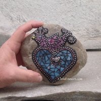 Pink Bird on a Blue Heart Mosaic -Garden Stone