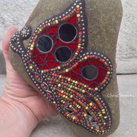 Side View Butterfly Red w/ Mirror Mosaic -Garden Stone