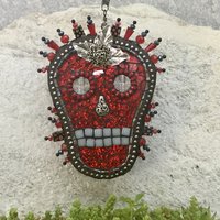 Skull in Red Mosaic Garden Wind Spinner, Home and Garden Decor, Gardening Gift,