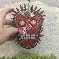 Skull in Red Mosaic Garden Wind Spinner, Home and Garden Decor, Gardening Gift,