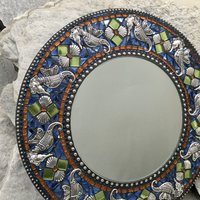 Seahorse and Shells Mosaic Mirror, Round Mosaic Mirror, Home Decor