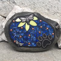 Pet Memorial, Yellow Flower, Orange Stars, Black Paw Print - Dragonfly, Garden Stone, Garden Decor