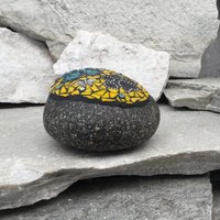 Teal Flower w/Yellow, Black Paw Print - Garden Stone, Pet Memorial, Garden Decor'