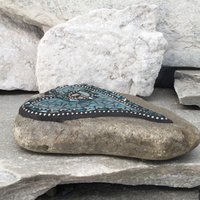 Teal Blue Mosaic Heart, Mosaic Rock, Mosaic Garden Stone, Moon and Star