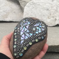 Iridescent White Mosaic Heart, Mosaic Rock, Mosaic Garden Stone, Home Decor, Gardening, Gardening Gift,