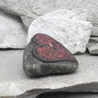 Iridescent Red Mosaic Heart, Mosaic Rock, Mosaic Garden Stone,