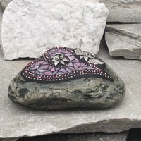 Iridescent Pink Mosaic Heart, Mosaic Rock, Mosaic Garden Stone,