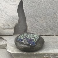Blue Flower w/Pale Green, Black Paw Print - Garden Stone, Pet Memorial, Garden Decor'