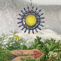 Blue w/Yellow Sun Garden Spinner, Green/Orange Rays, Home Decor, Garden Decor, Gardening Gift,