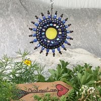 Blue w/Yellow Sun Garden Spinner, Green/Orange Rays, Home Decor, Garden Decor, Gardening Gift,