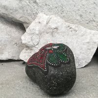 Deep Red Valentine Heart, Garden Stone, Green Flower