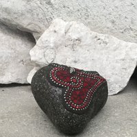 Deep Red Valentine Heart, Garden Stone, Green Flower