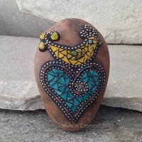 Yellow Bird on a Blue Heart Mosaic -Garden Stone