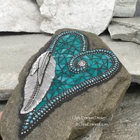 Turquoise Feather Heart, Garden Stone