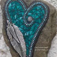 Turquoise Feather Heart, Garden Stone