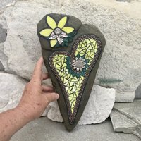 Teal and Yellow Heart, Garden Stone, Mosaic, Garden Decor