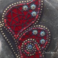 Side View Red Butterfly w/ Iridescent Beads, Mosaic -Garden Stone