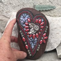 Iridescent Red Flower Mosaic Heart, Garden Stone, Mosaic, Garden Decor