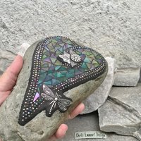 Dragonfly Iridescent Green Heart, Garden Stone, Mosaic, Garden Decor