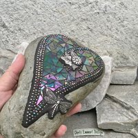 Dragonfly Iridescent Green Heart, Garden Stone, Mosaic, Garden Decor