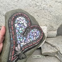 Dragonfly Iridescent Lavender/White Heart with Key, Garden Stone, Mosaic, Garden Decor