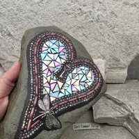 Dragonfly Iridescent Lavender/White Heart with Key, Garden Stone, Mosaic, Garden Decor