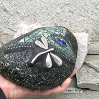 Dragonfly Dusty Green Heart, Garden Stone, Mosaic, Garden Decor