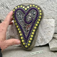 Skull Mirror Heart, Mosaic, Garden Stone,  Gardener Gift, Home Decor, Garden Decor Yellow