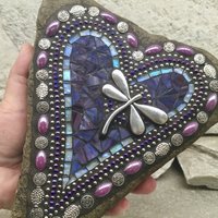 Purple Heart with Dragonfly, Garden Stone, Mosaic, Garden Decor