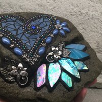 Denim Blue Heart with Iridescent Blue Lily Mosaic Garden Stone, Home and Garden Decor, Gardening Gift,