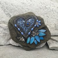 Denim Blue Heart with Iridescent Blue Lily Mosaic Garden Stone, Home and Garden Decor, Gardening Gift,