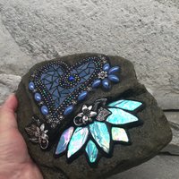 Denim Blue Heart with Iridescent Blue Lily Mosaic Garden Stone, Home and Garden Decor, Gardening Gift,