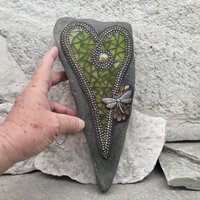 Olive Green Heart with Dragonfly, Garden Stone, Mosaic, Garden Decor