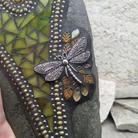 Olive Green Heart with Dragonfly, Garden Stone, Mosaic, Garden Decor