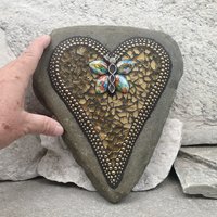 Gold Mirror Heart with Butterfly Moth Garden Stone, Mosaic, Garden Decor