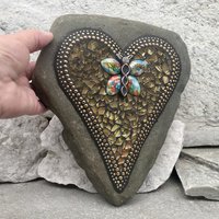 Gold Mirror Heart with Butterfly Moth Garden Stone, Mosaic, Garden Decor