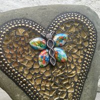 Gold Mirror Heart with Butterfly Moth Garden Stone, Mosaic, Garden Decor