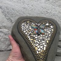 Gold Mirror Heart with Butterfly Moth Garden Stone, Mosaic, Garden Decor