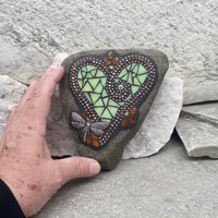 Pale Green Heart Garden Stone, Mosaic, Garden Decor