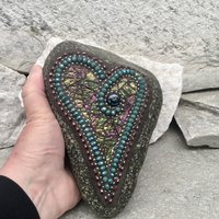 Iridescent Glass Mosaic Heart Garden Stone, Gardner Gift, Garden Decor