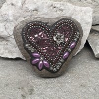 Purple Mirror Glass Mosaic Heart Garden Stone, GardnerGift, Garden Decor