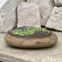 Blue Flower with Lime Green, Black Paw Print - Dragonfly, Garden Stone, Pet Memorial, Garden Decor'